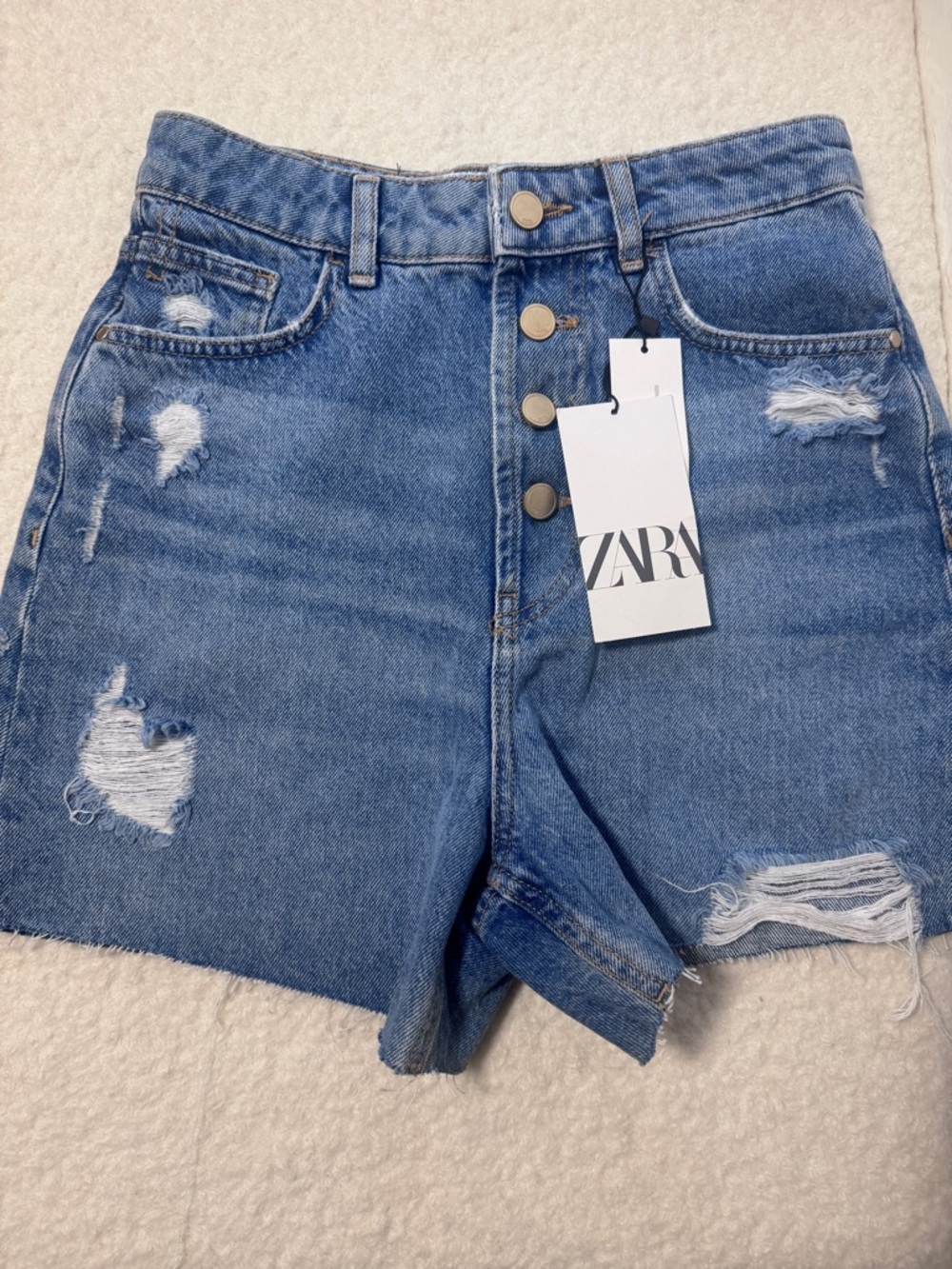 Zara Distressed Button-Front Denim Shorts - Blue